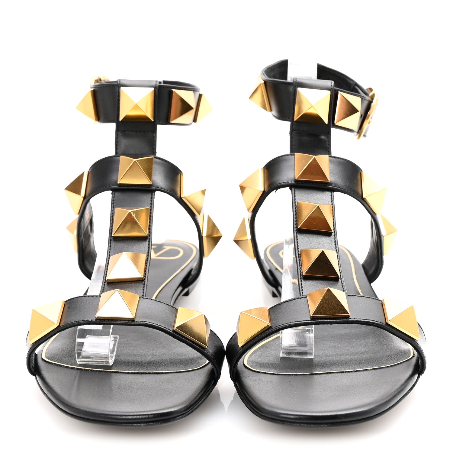 Valentino Garavani Calfskin Roman Stud Ankle Strap Flat Sandals 38.5 Black 3 of 10