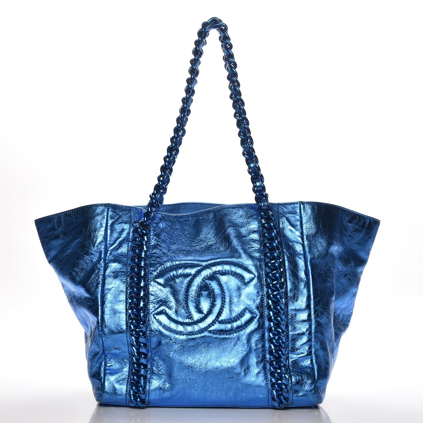 Metallic Cracked Calfskin Modern Chain Tote Blue