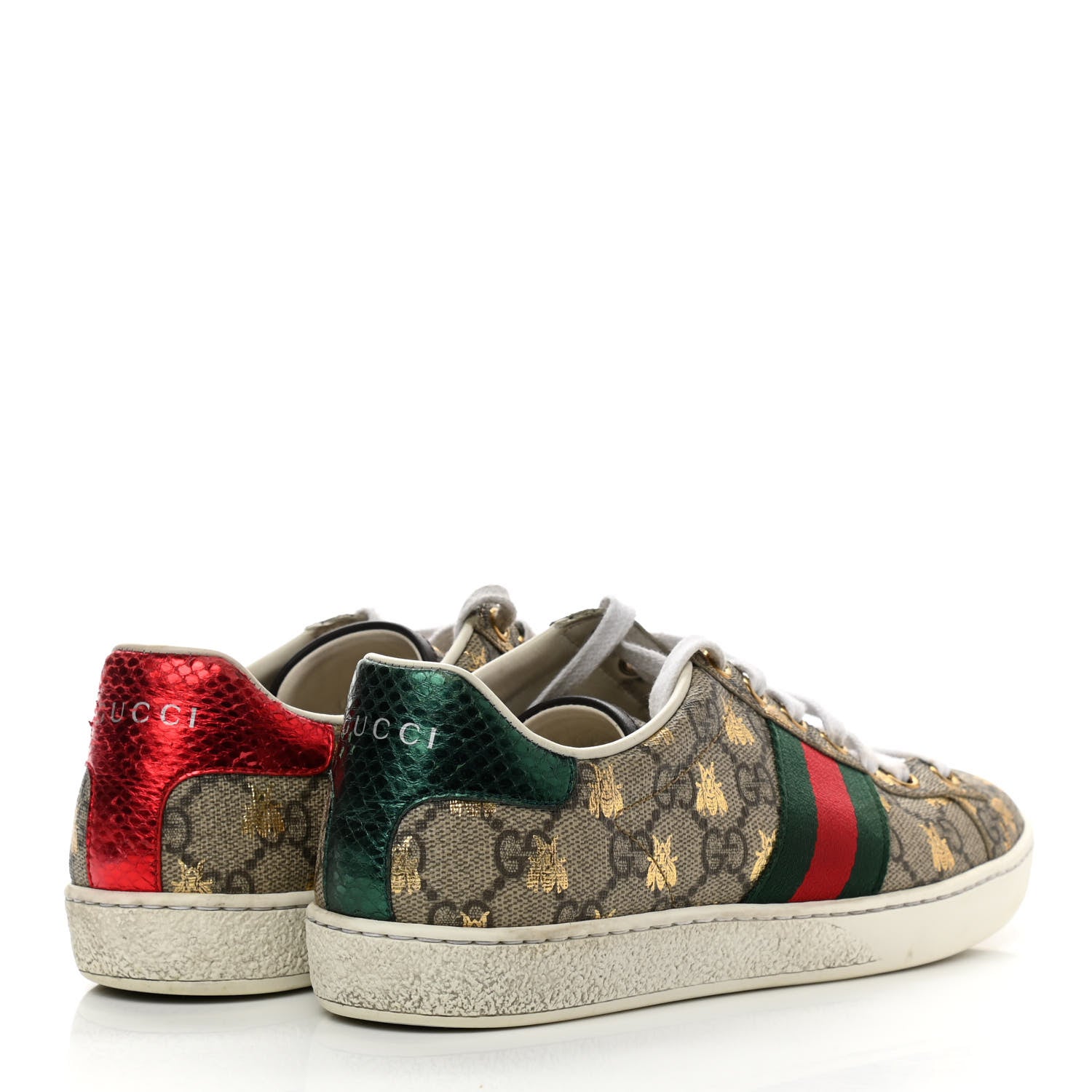 Gucci GG Supreme Monogram Bees Ayers Web Womens Ace Sneakers 35.5 Beige Oro Green Red 4 of 15