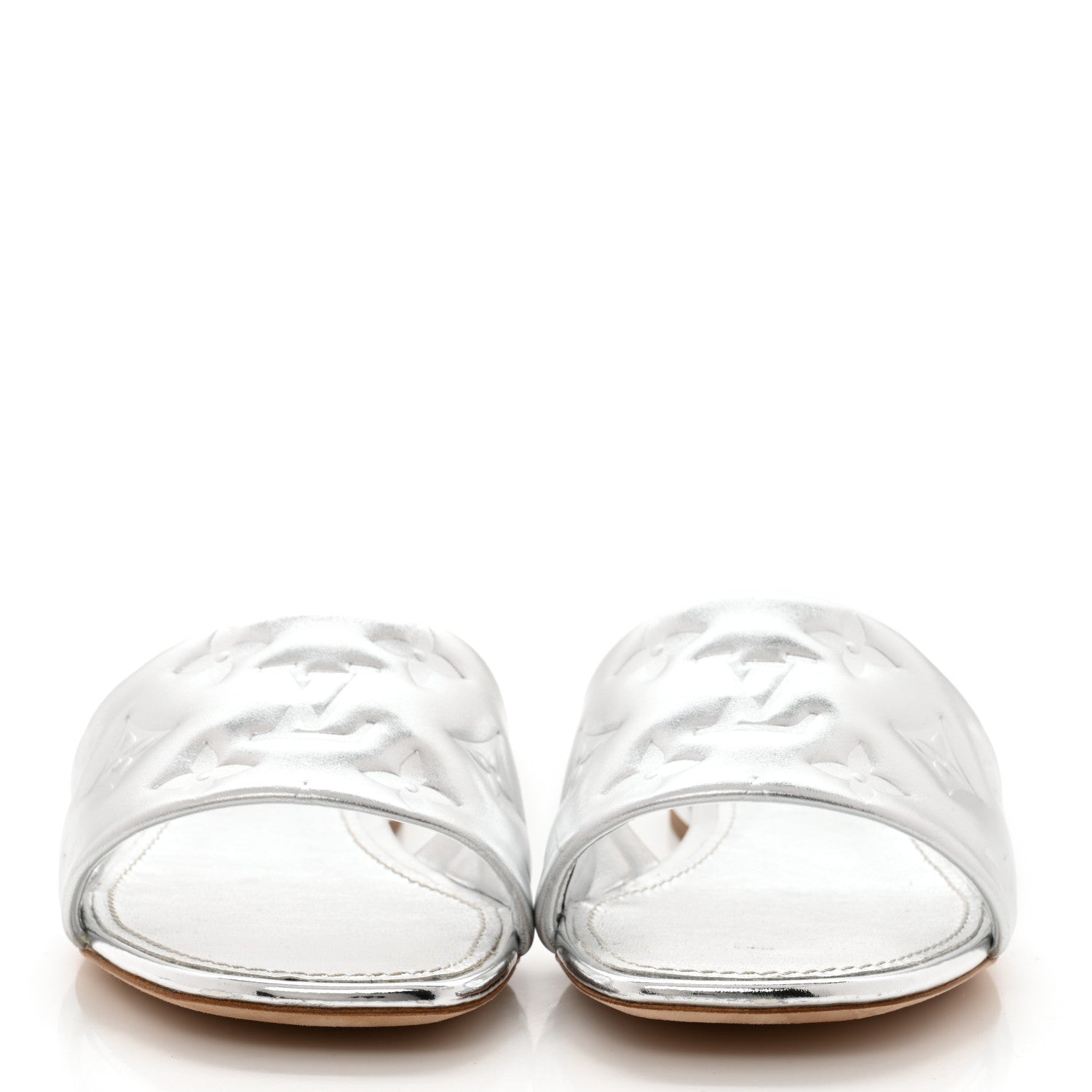 Louis Vuitton Metallic Lambskin Embossed Monogram Revival Flat Mules 37.5 Silver 2 of 11