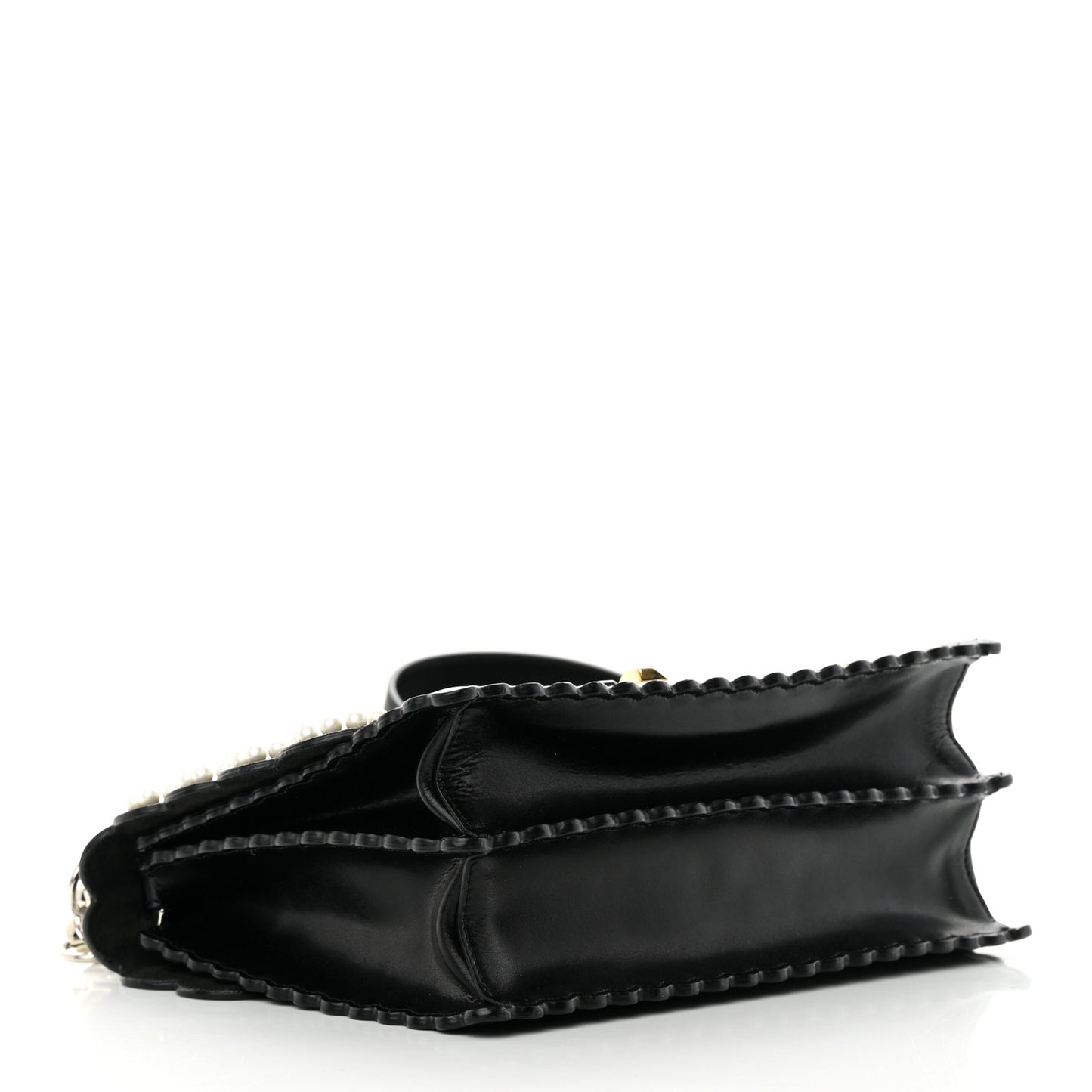 Vitello Liberty Pearl Bi-Color Flowers and Bows Scalloped Studded Kan I Shoulder Bag Black Camelia