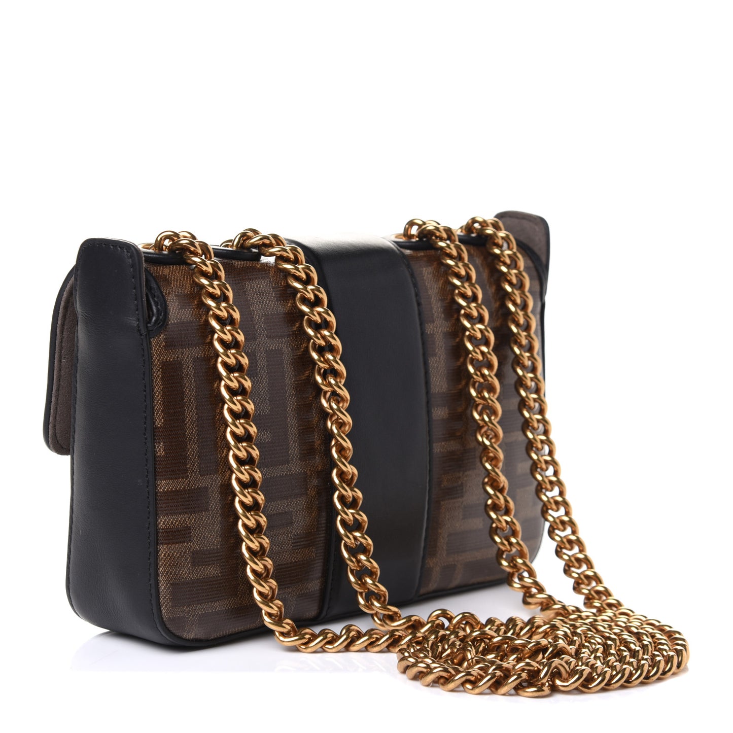Glazed Fabric Vitello Century FF 1974 Stamp Patch Mini Double F Crossbody Bag Mogano Panna Black