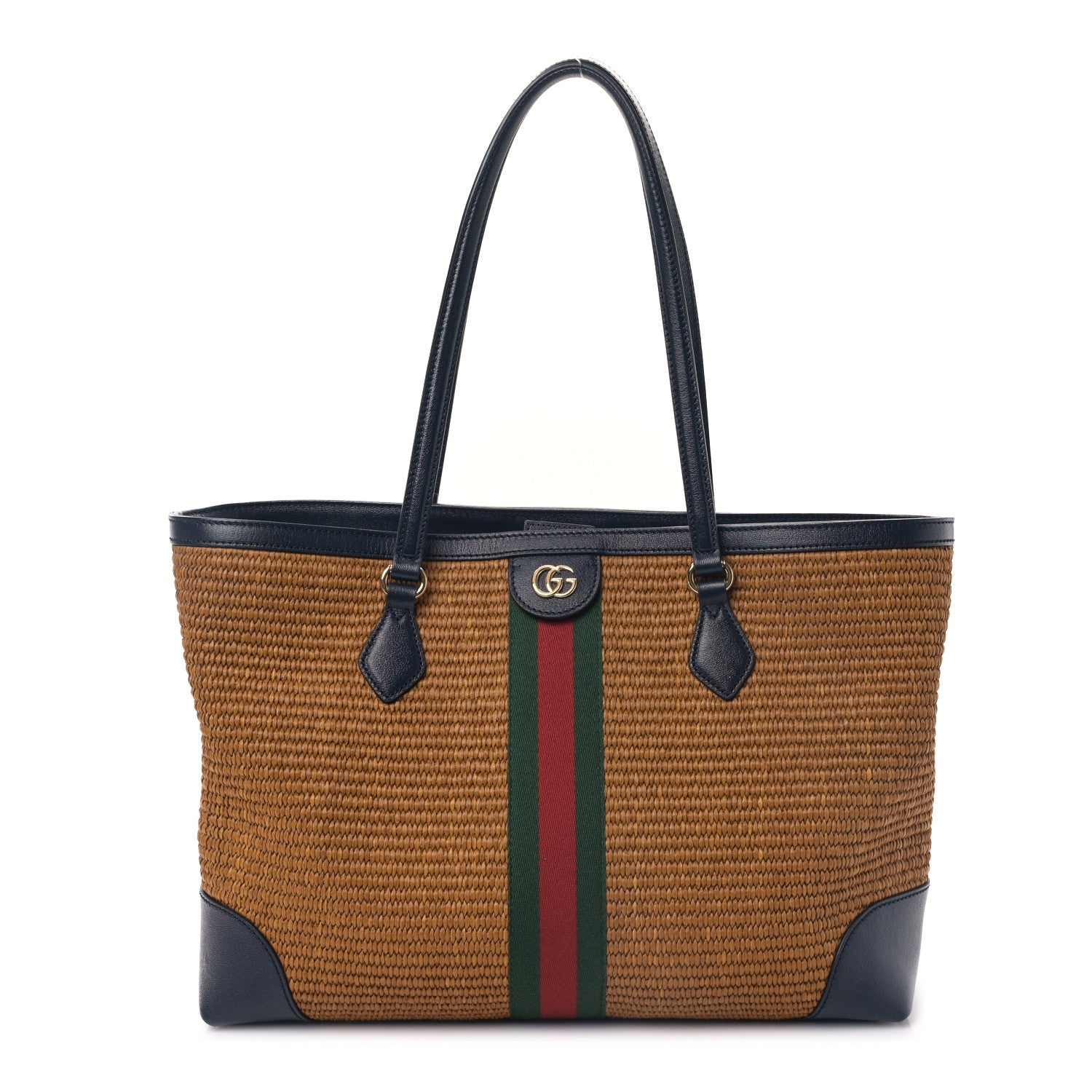 Gucci Straw Lux Calfskin Web Medium Ophidia Shopping Tote Dark Natural Blue 1 of 9
