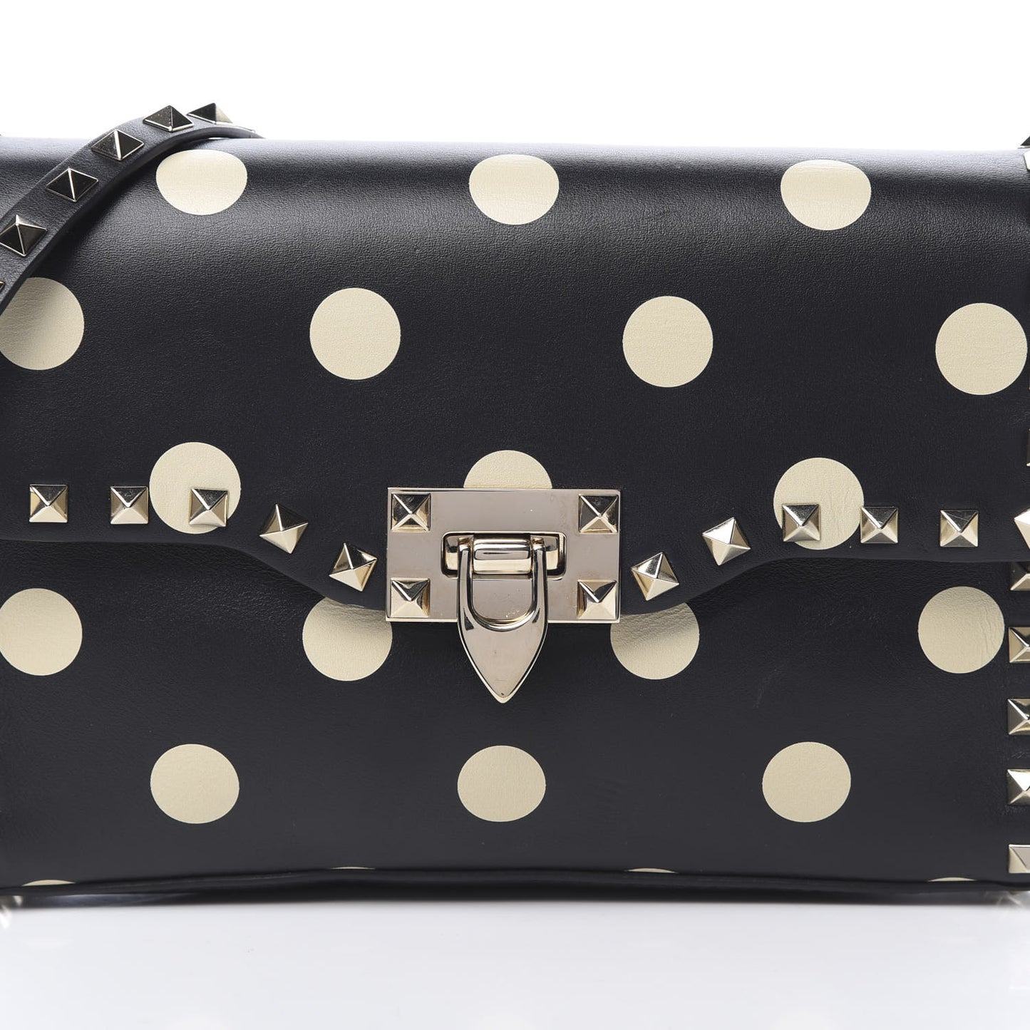 Vitello Polka Dot Medium Rockstud Flip Lock Crossbody Bag Black Light Ivory