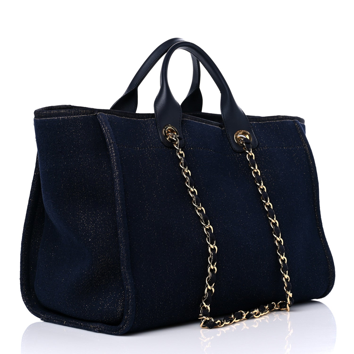 Chanel Lurex Canvas Medium Deauville Tote Navy Blue Gold 3 of 13