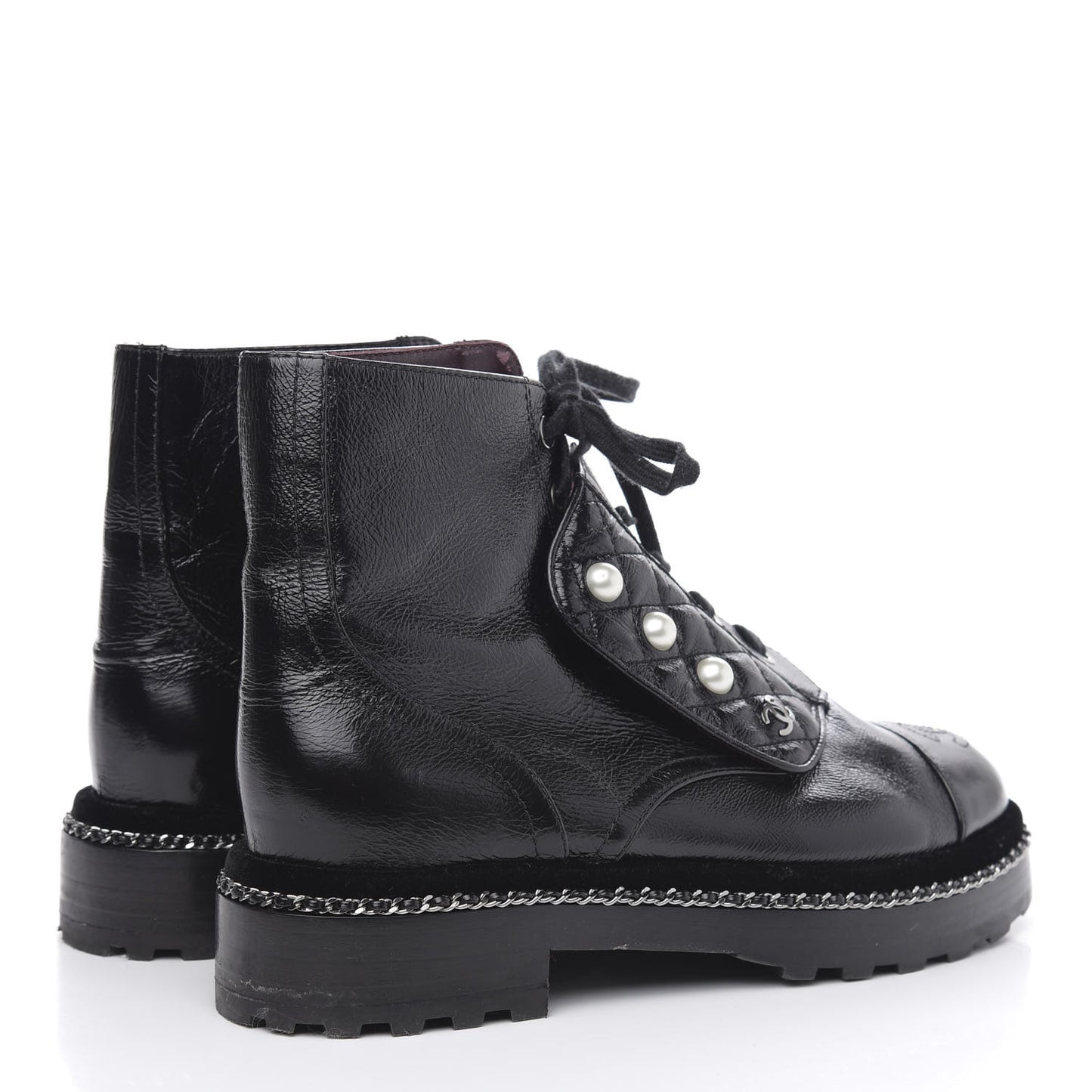 Crackled Calfskin Velvet Pearl Combat Short Boots 38 Black