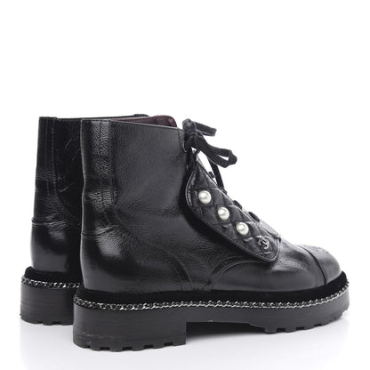 Chanel Crackled Calfskin Velvet Pearl Combat Short Boots 38 Black 4 of 7