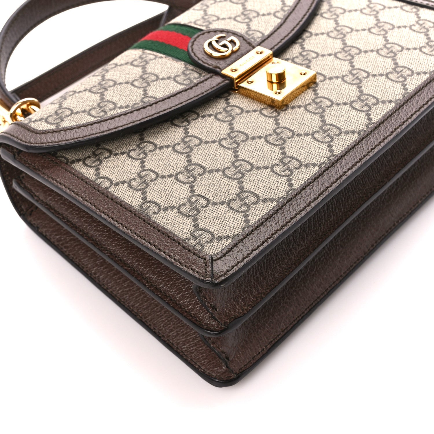 Gucci GG Supreme Monogram Textured Dollar Calfskin Web Small Ophidia Padlock Top Handle Bag Beige Ebony New Acero 10 of 12