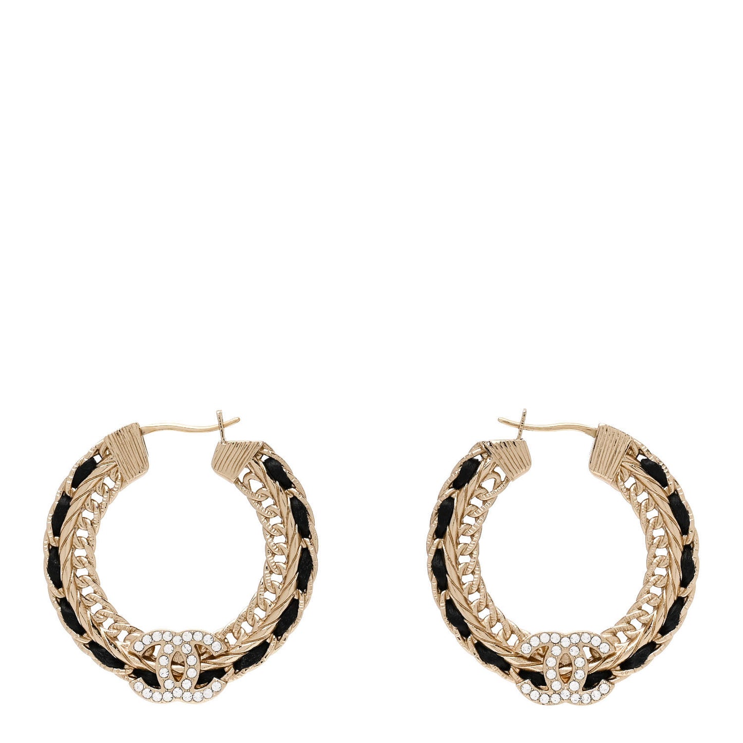 Crystal Lambskin CC Chain Hoop Earrings Gold Black