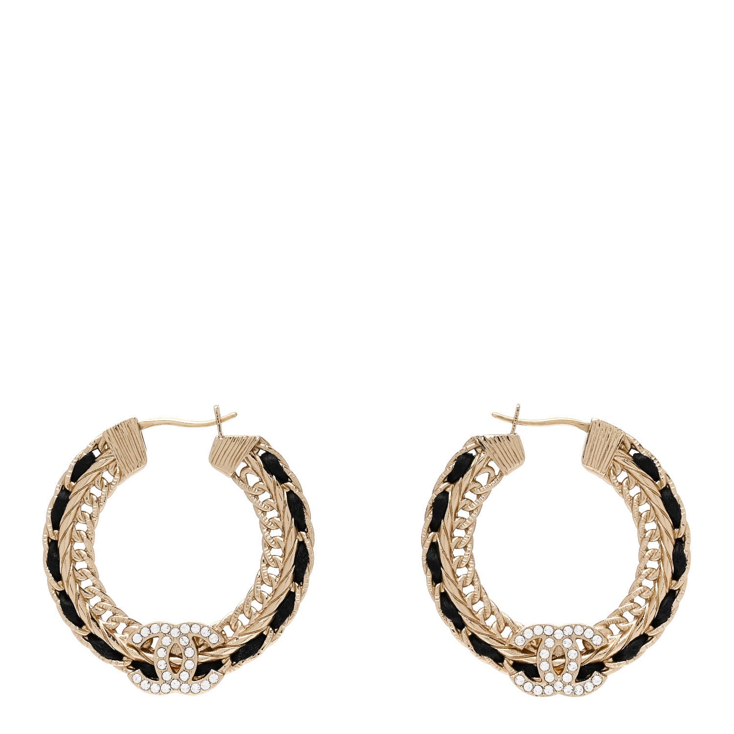 Chanel Crystal Lambskin CC Chain Hoop Earrings Gold Black 1 of 5
