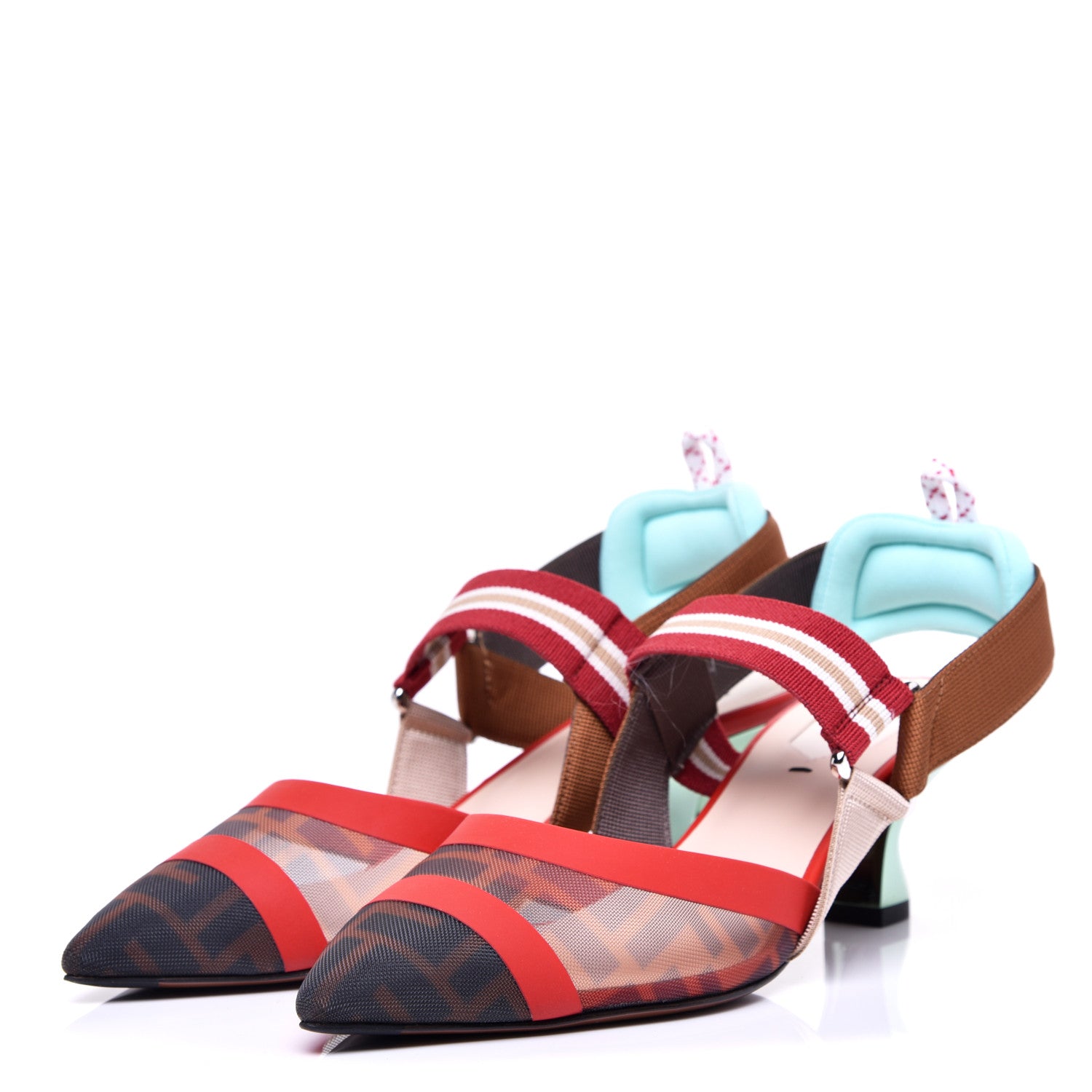 Fendi Technical Mesh FF Colibri 55mm Slingback Pumps 37 Tobacco Moro Cipria Papavero Camelia 2 of 11