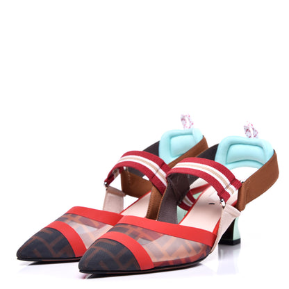 Fendi Technical Mesh FF Colibri 55mm Slingback Pumps 37 Tobacco Moro Cipria Papavero Camelia 2 of 11