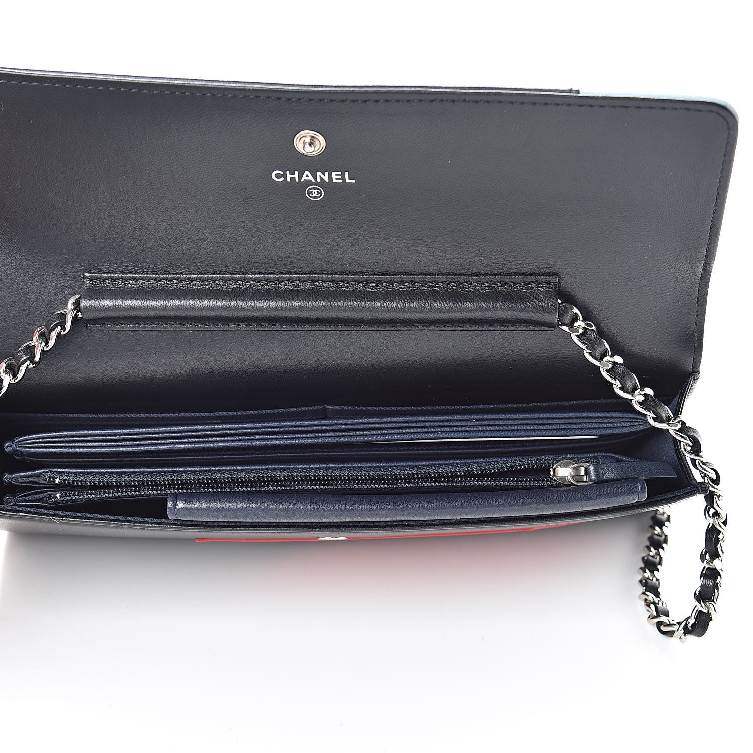 Chanel Lambskin Airlines Wallet On Chain WOC Blue Black Red 6 of 13