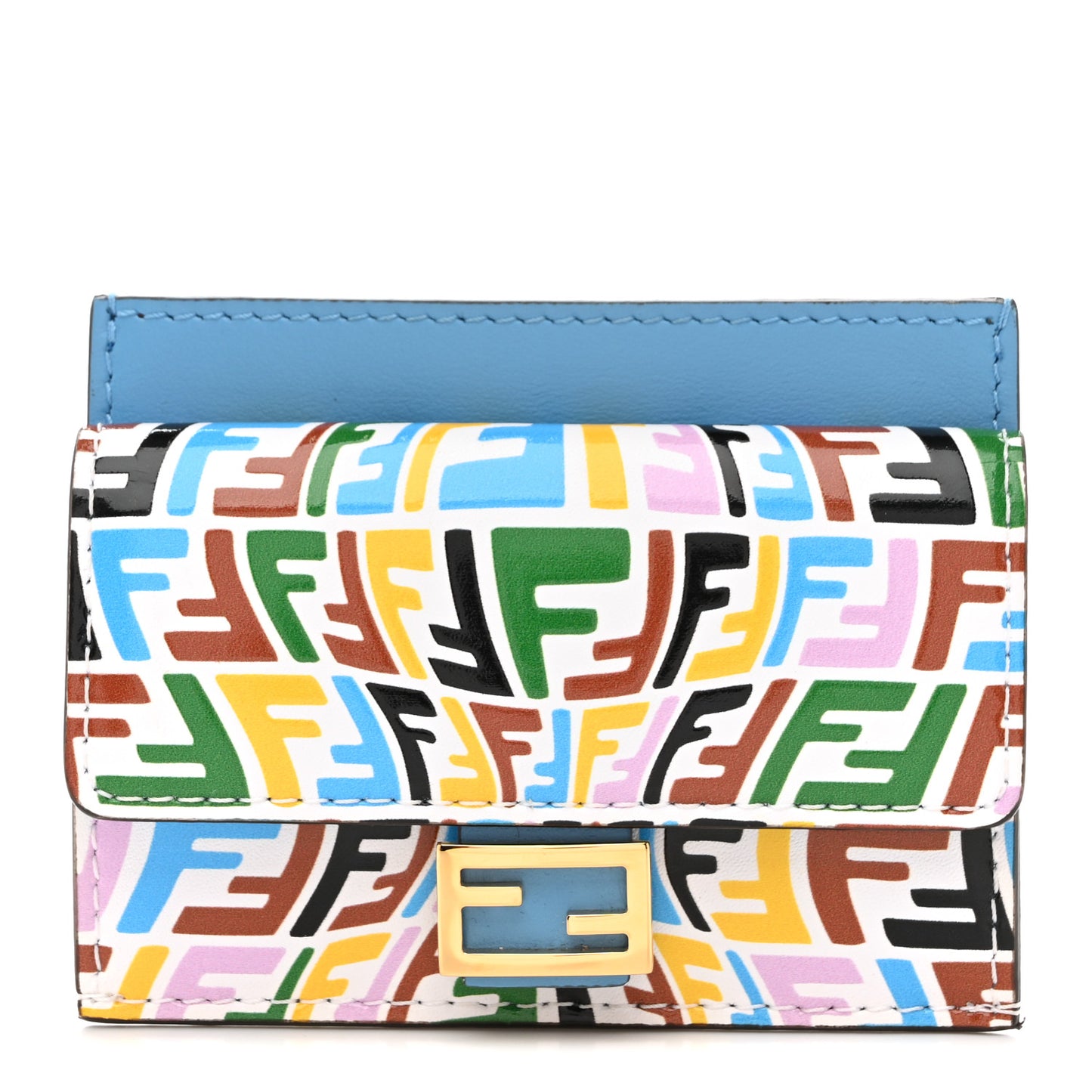 X SARAH COLEMAN Vitello Liberty Ceylon Micro FF Fish Eye Embossed Fold Over Card Holder Wallet Multicolor Cyber Blue