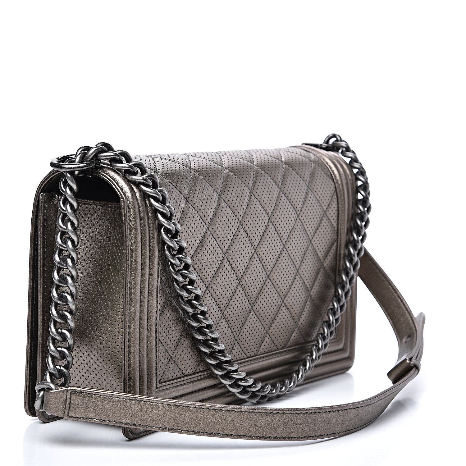Chanel Metallic Lambskin Perforated New Medium Boy Flap Dark Silver 2 of 10