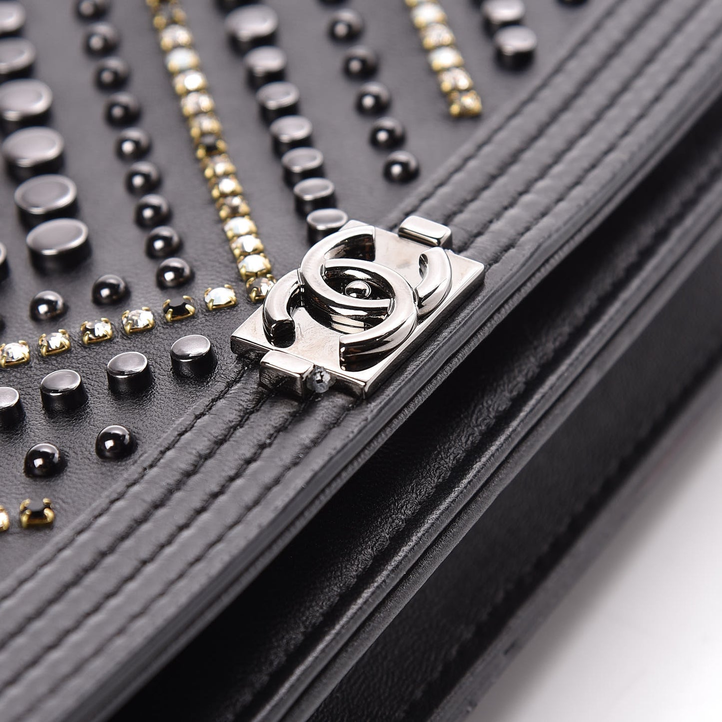 Calfskin Crystal Studded Chevron Boy Wallet On Chain WOC Black