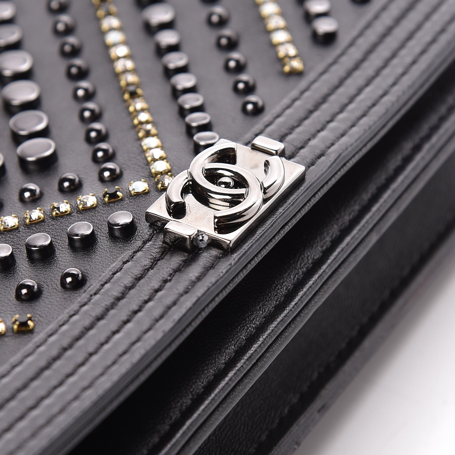 Chanel Calfskin Crystal Studded Chevron Boy Wallet On Chain WOC Black 11 of 17