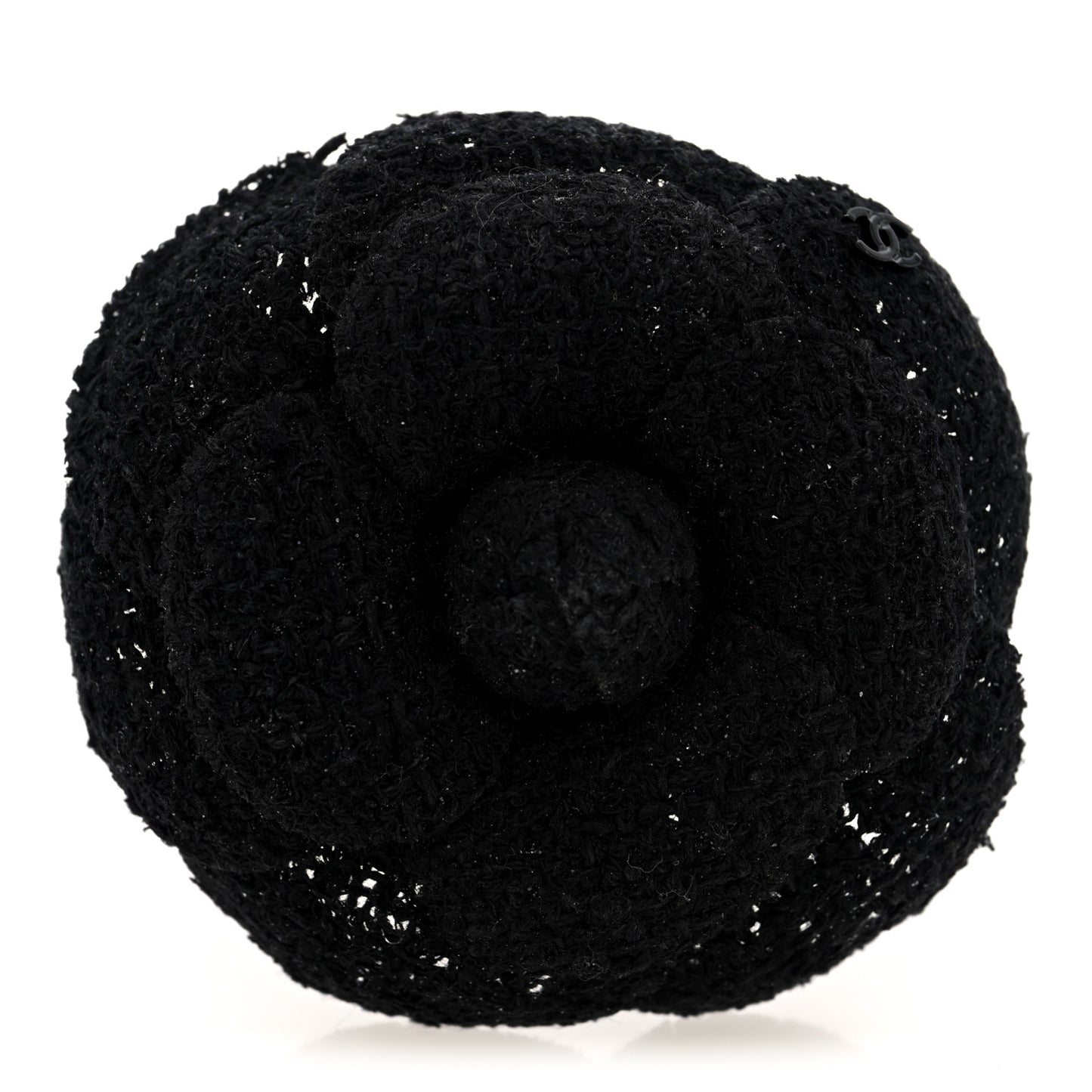 Tweed Camellia CC Pin Brooch Black