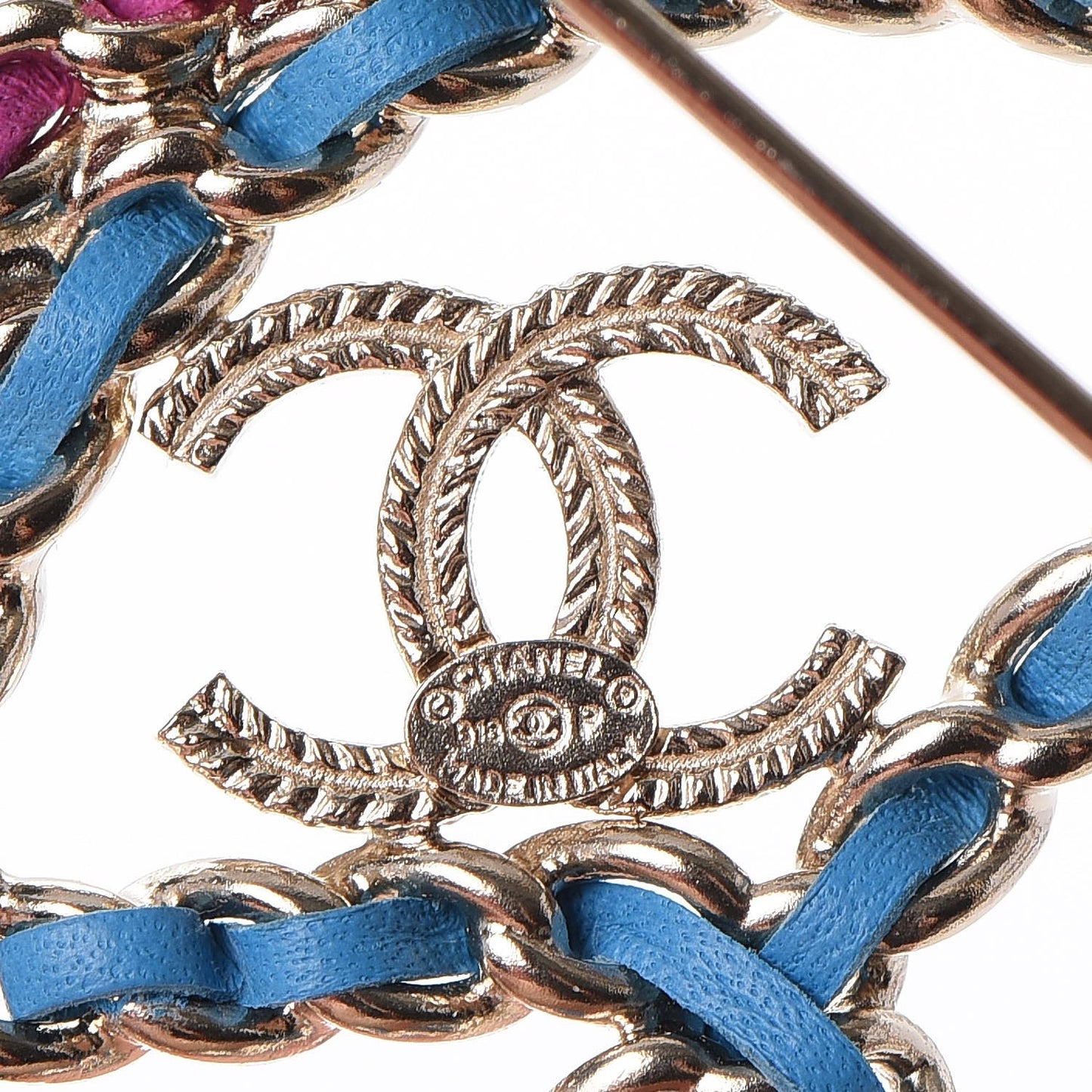 Metal Calfskin Braided Peace Sign CC Brooch Blue Purple Gold