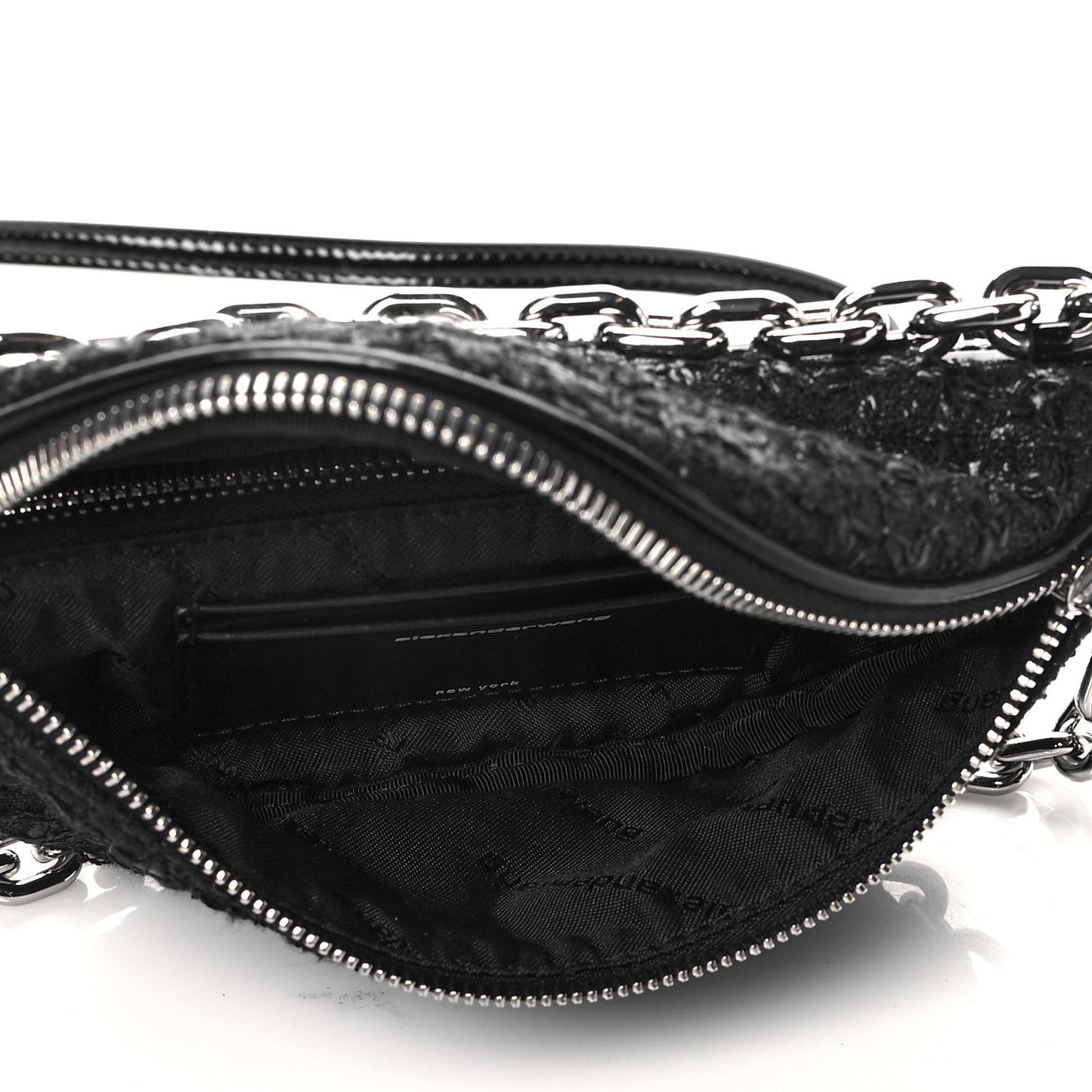 Patent Tweed Chain Embellished Attica Belt Bag Black