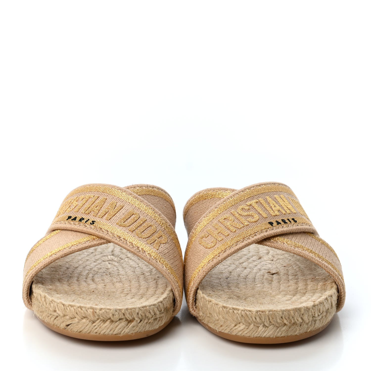 Christian Dior Canvas Embroidered Granville Espadrille Crisscross Flat Slide Sandals 38 Gold 2 of 4