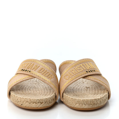 Christian Dior Canvas Embroidered Granville Espadrille Crisscross Flat Slide Sandals 38 Gold 2 of 4