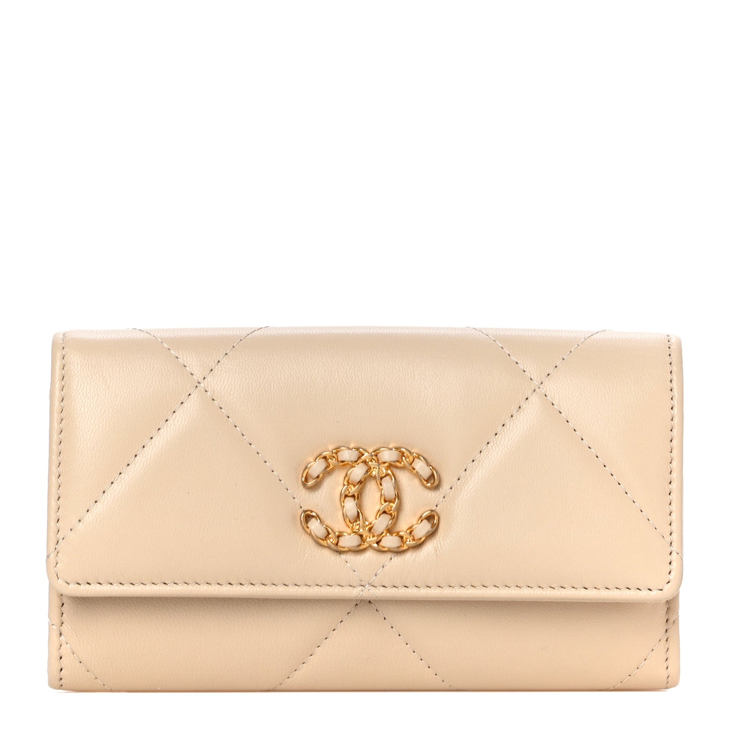 Shiny Goatskin Quilted Chanel 19 Flap Wallet Beige