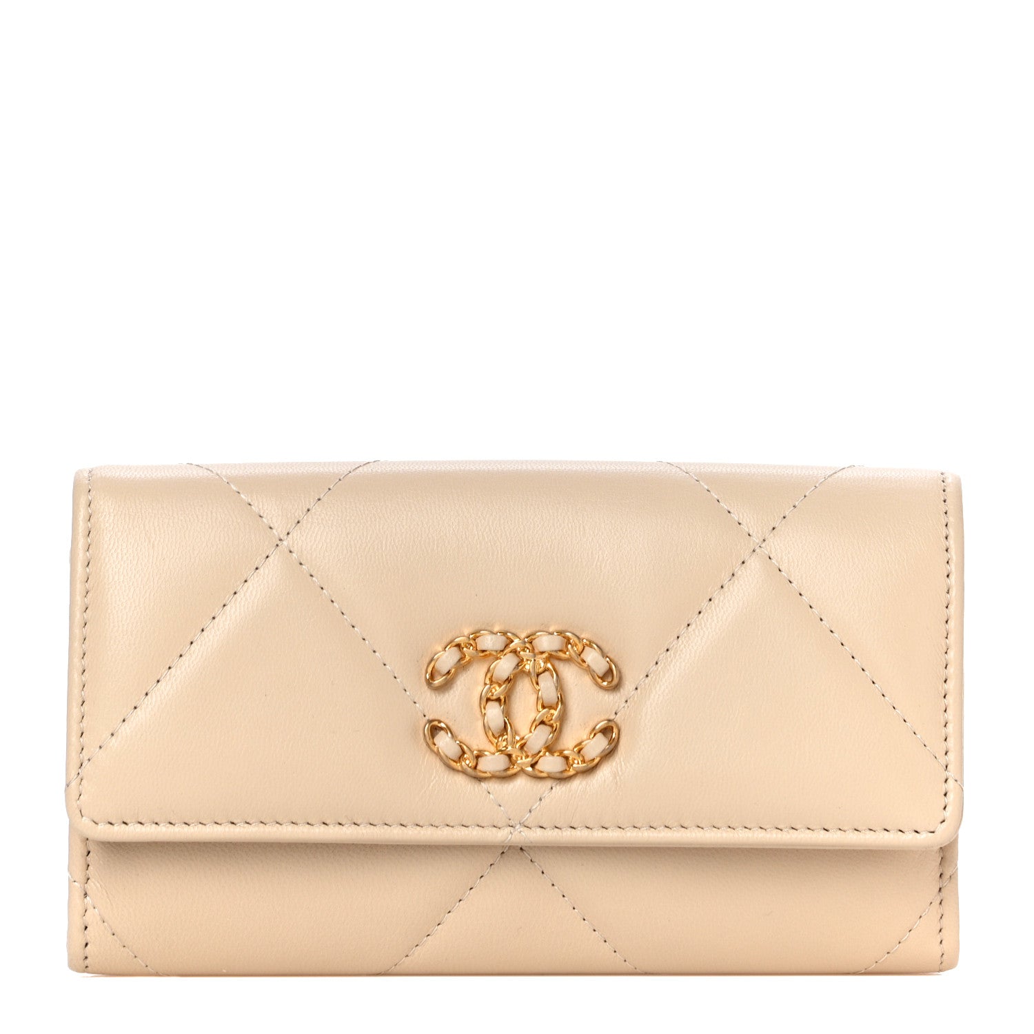 Chanel Shiny Goatskin Quilted Chanel 19 Flap Wallet Beige 1 of 11