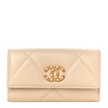 Chanel Shiny Goatskin Quilted Chanel 19 Flap Wallet Beige 1 of 11