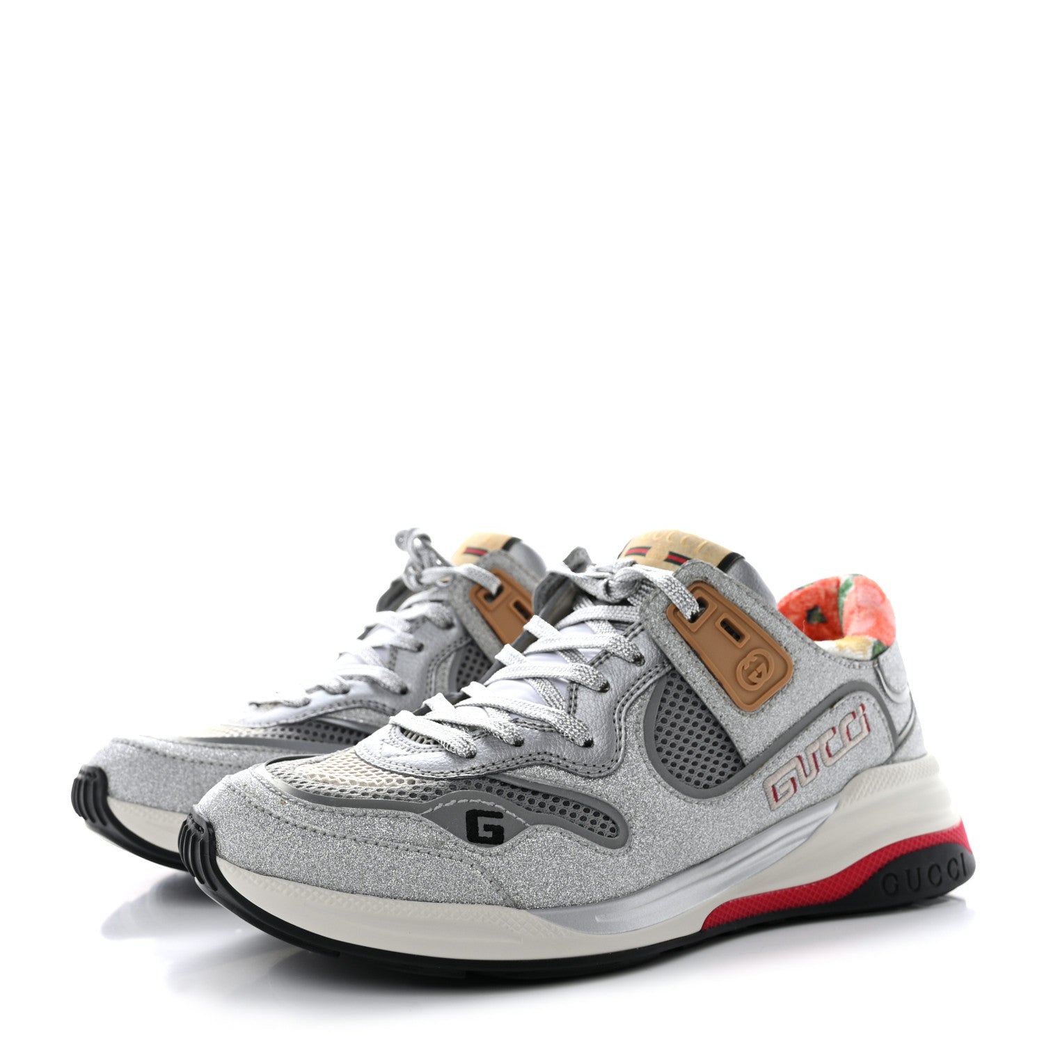 Gucci Metallic Calfskin Glitter Mesh Womens Ultrapace Sneakers 37 Silver Light Grey Mystic White 3 of 9