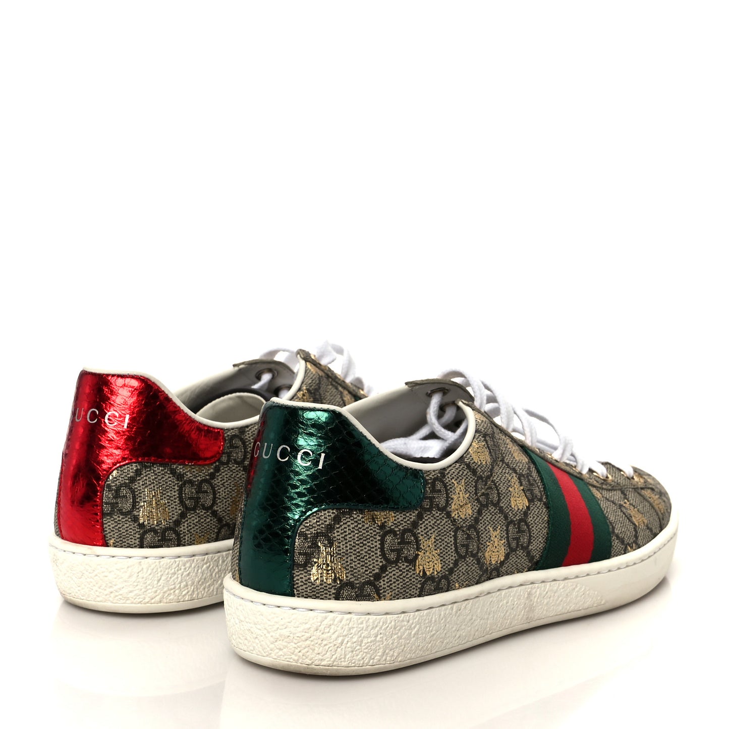 GG Supreme Monogram Bees Ayers Web Womens Ace Sneakers 37 Beige Oro Green Red