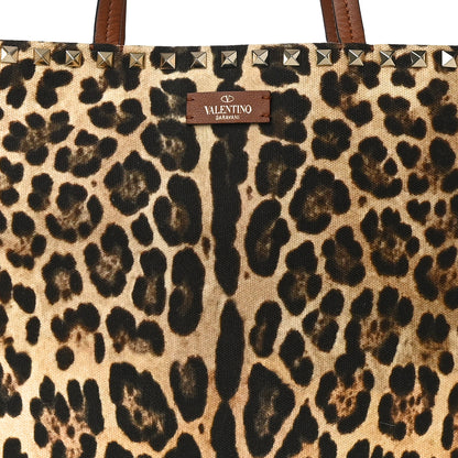Valentino Garavani Canvas Nappa Leopard Print Rockstud Tote Brown 7 of 9