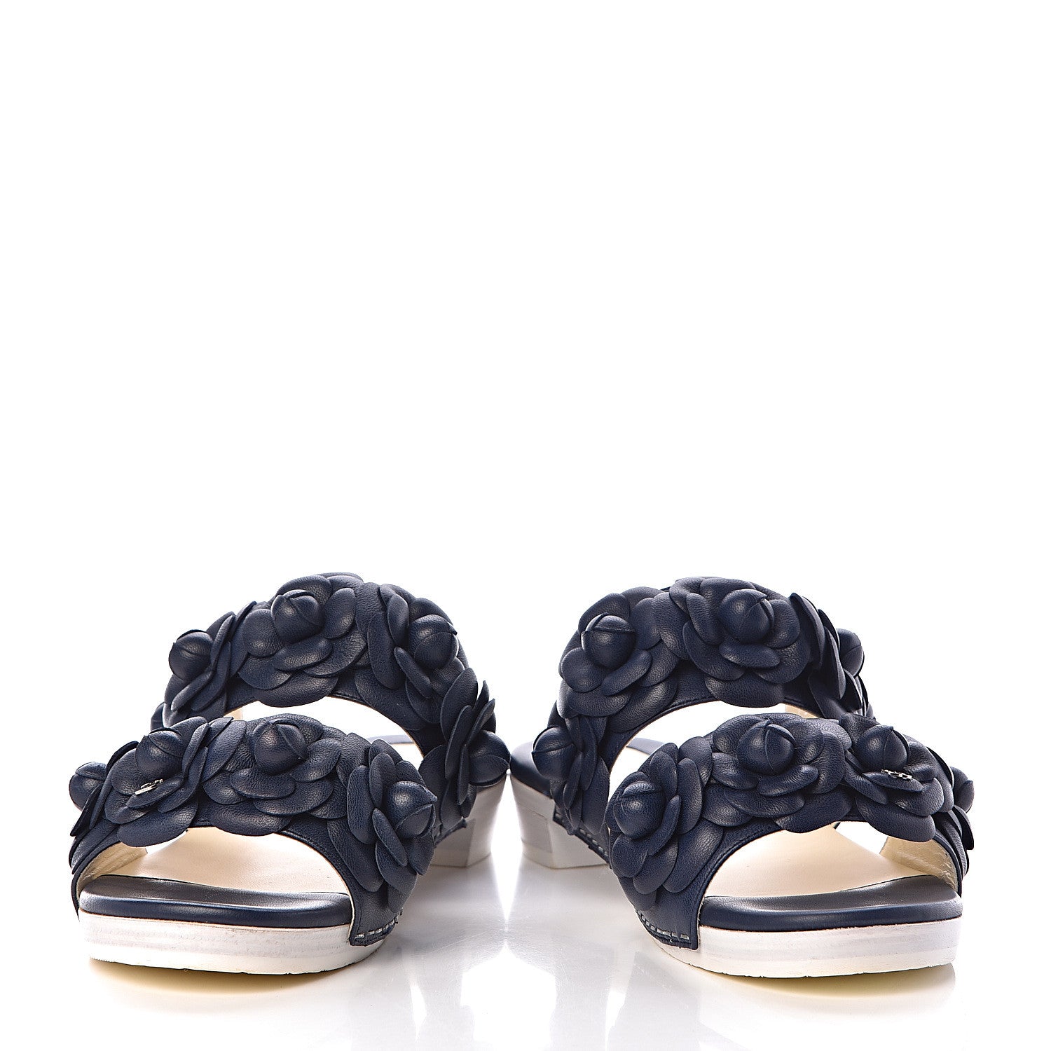 Chanel Lambskin Camellia Sandals 37 Navy Blue 5 of 15