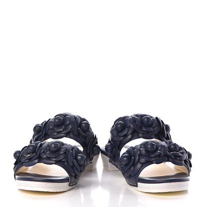 Chanel Lambskin Camellia Sandals 37 Navy Blue 5 of 15