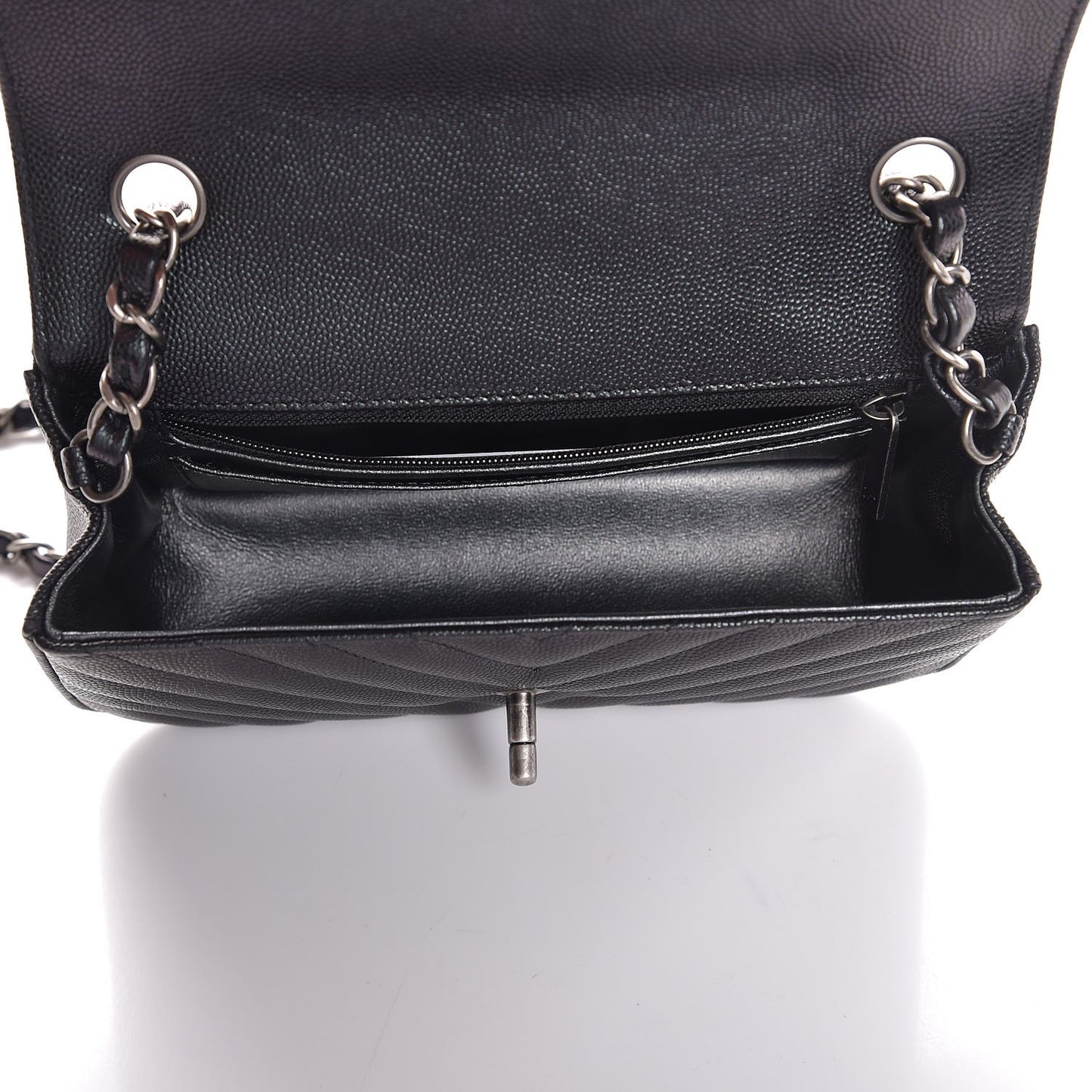 Metallic Caviar Chevron Quilted Mini Rectangular Flap Black
