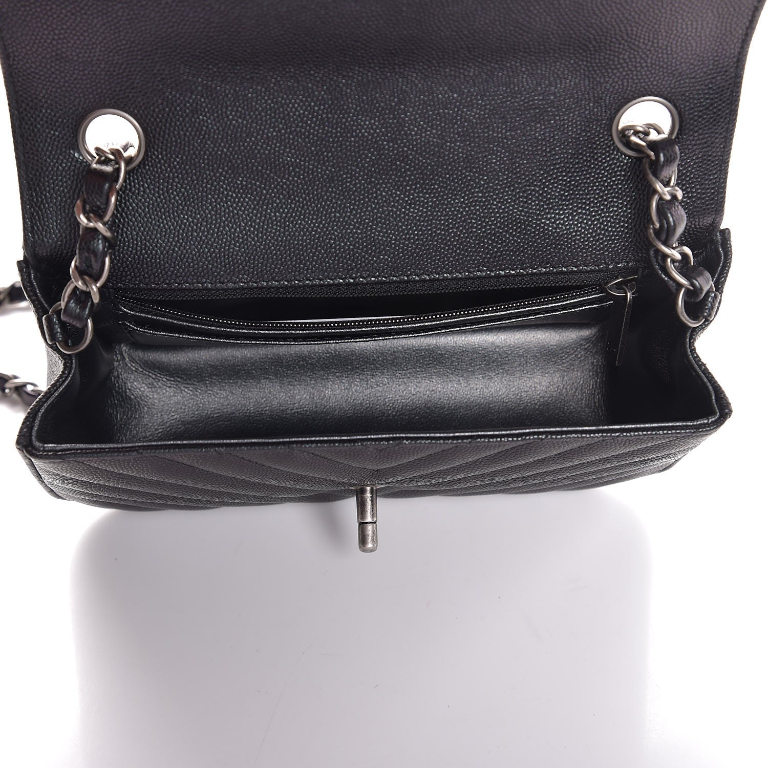 Chanel Metallic Caviar Chevron Quilted Mini Rectangular Flap Black 5 of 8