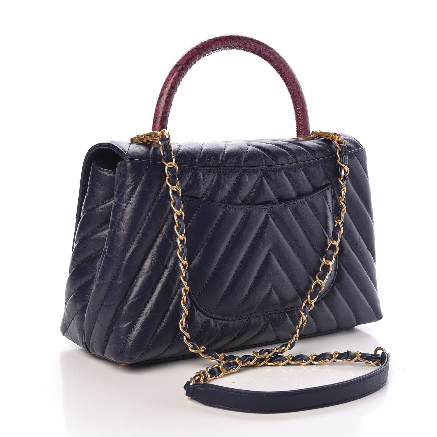 Chanel Aged Calfskin Elaphe Chevron Quilted Small Coco Handle Flap Navy 3 of 12