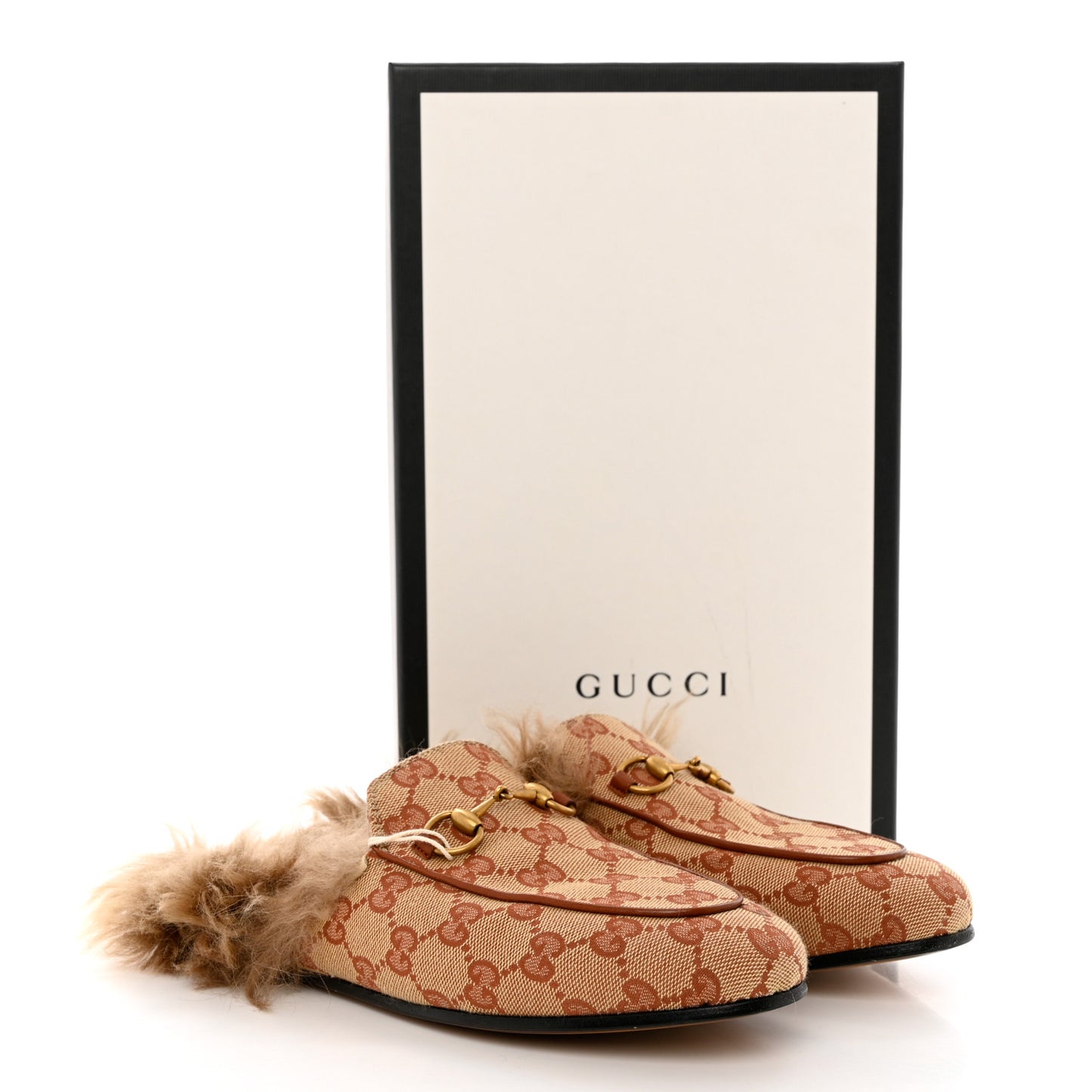 GG Monogram Fur Mens Princetown Slippers 37 Beige Ruggine Rust