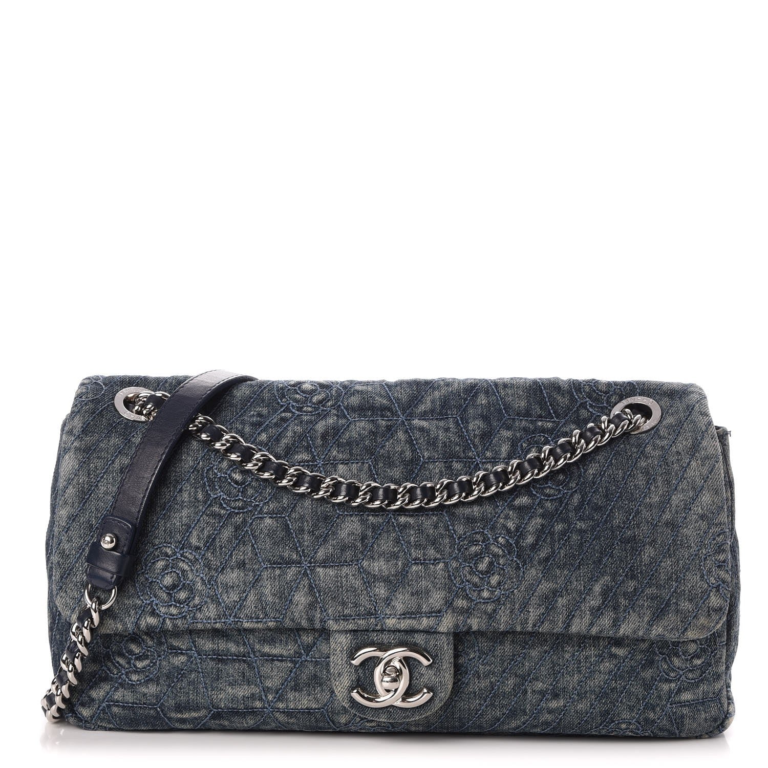 Chanel Denim Quilted Camellia Embroidered Large Flap Blue 1 of 10