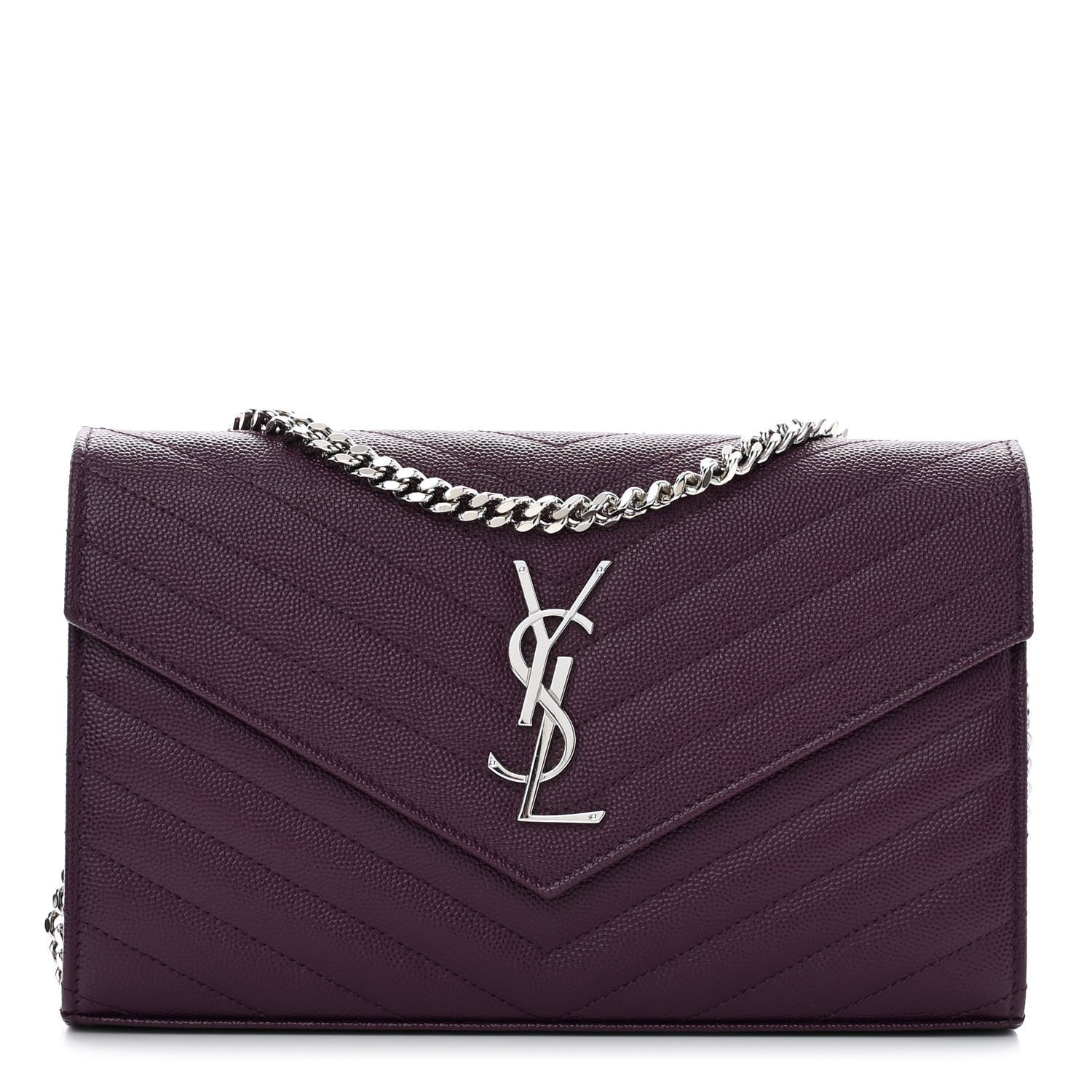 Saint Laurent Grain De Poudre Matelasse Chevron Monogram Chain Wallet Prugna 2 of 9