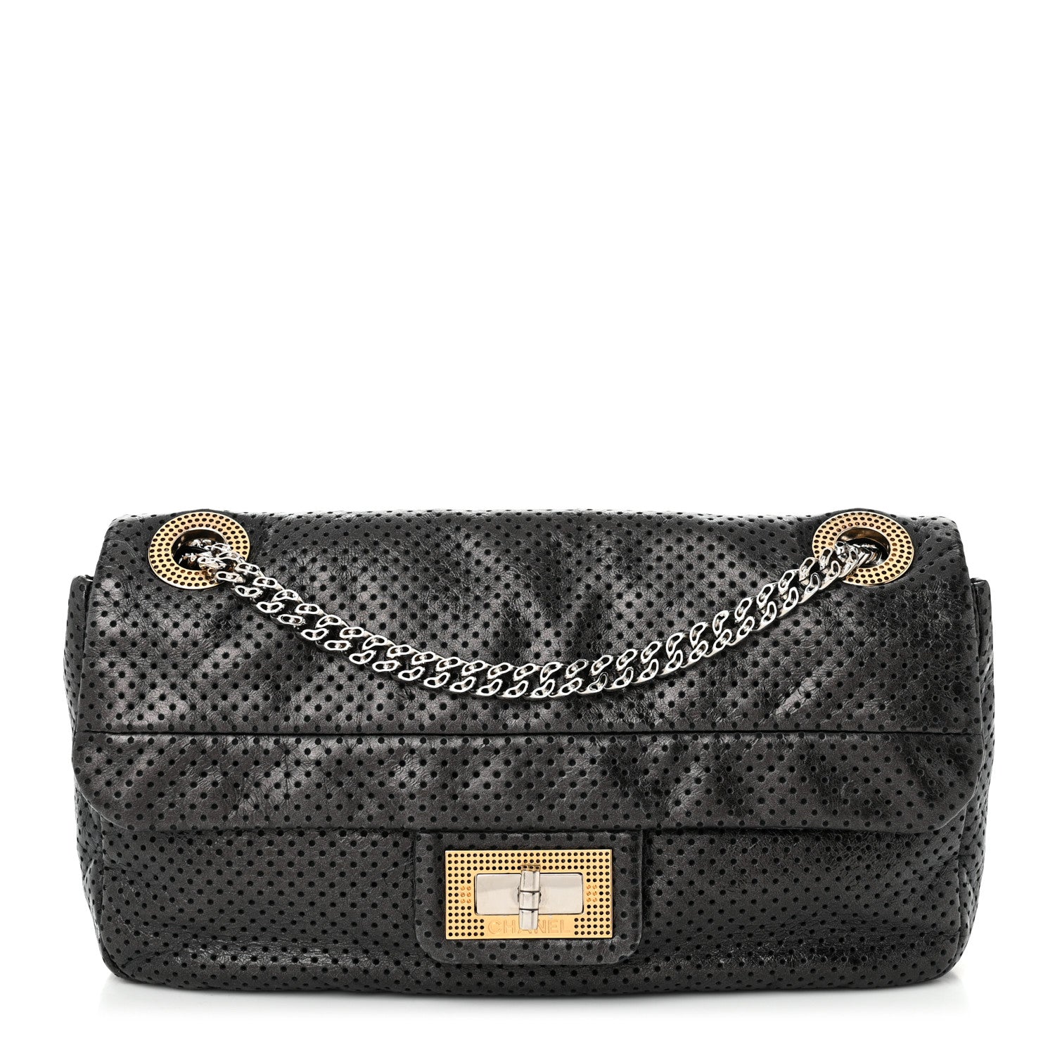 Chanel Metallic Crackled Calfskin Perforated Drill Flap Black 1 of 11