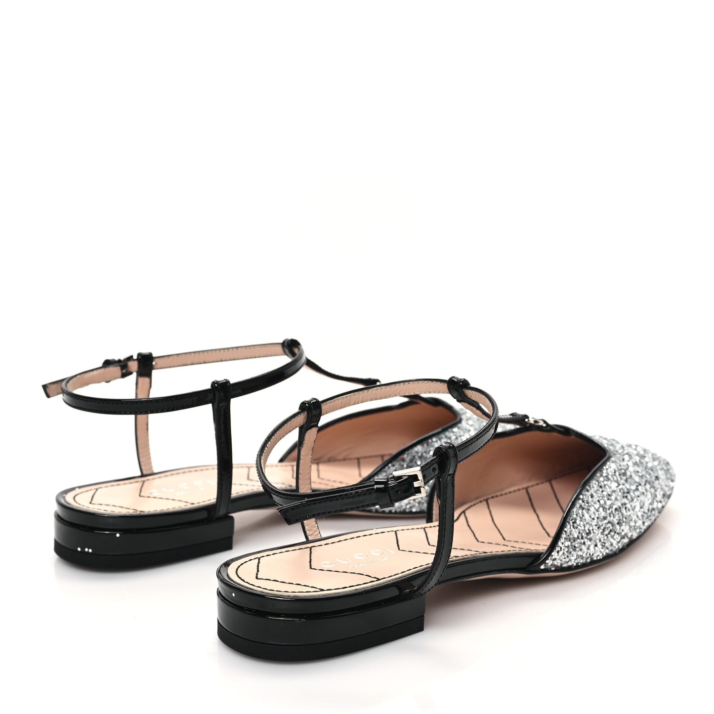 Calfskin Glitter Double G Slingback Flats 36 Silver Black