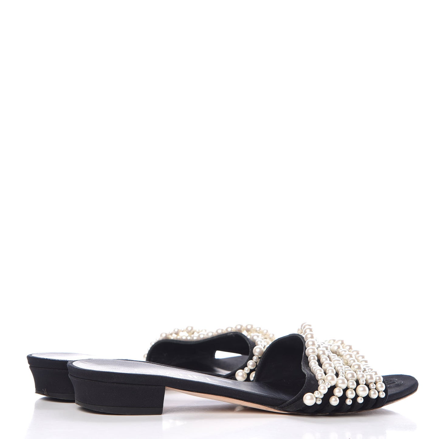 Satin Pearl Flat Sandals 38.5 Black