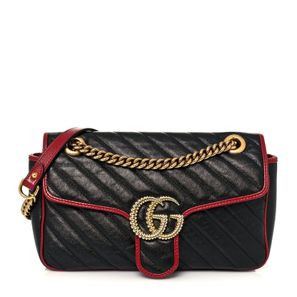 Gucci Vintage Effect Calfskin Matelasse Diagonal Small Torchon GG Marmont Shoulder Bag Black Romantic Cherry 1 of 15