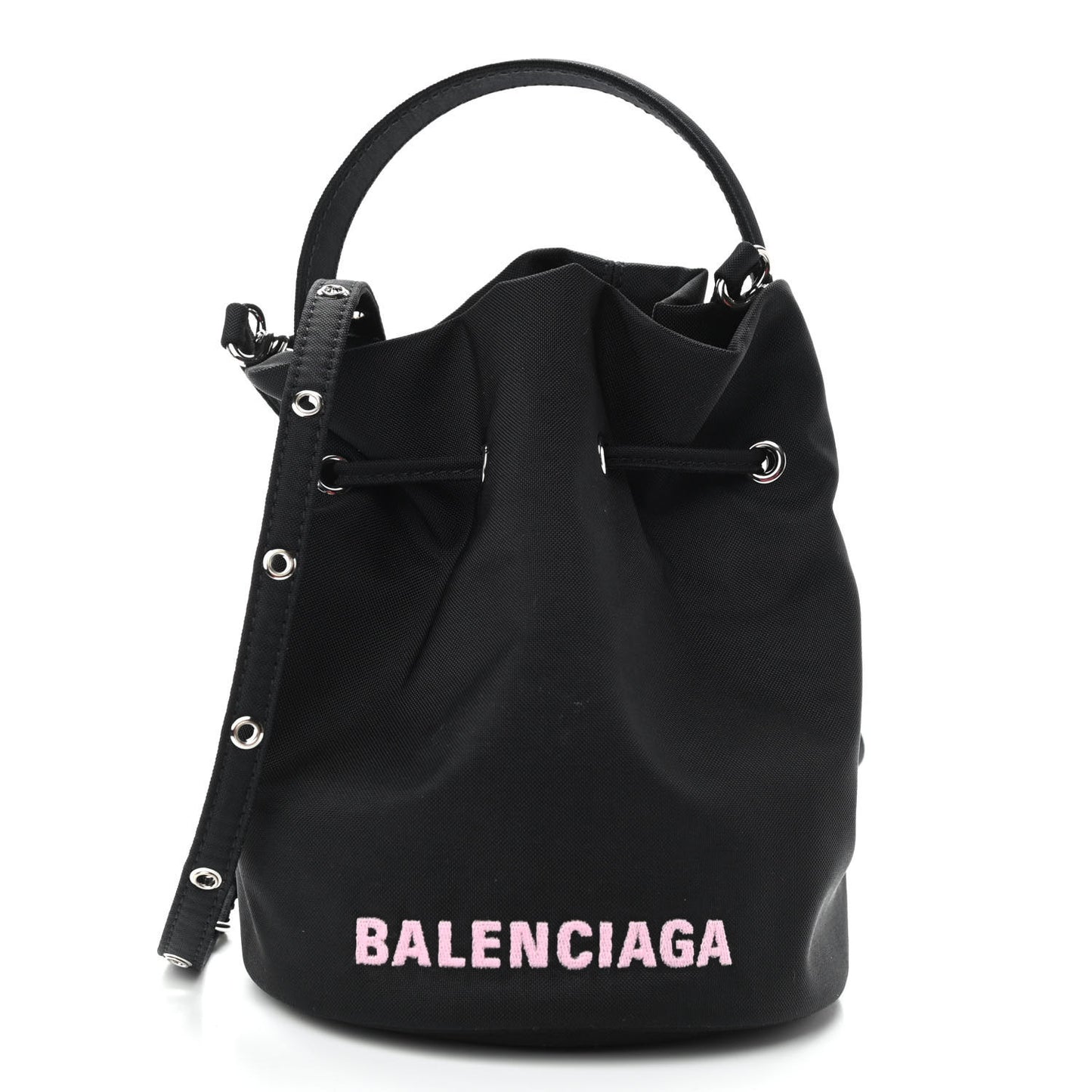 Recycled Sport Nylon Logo Embroidered Wheel Drawstring Bucket Bag Black Pink