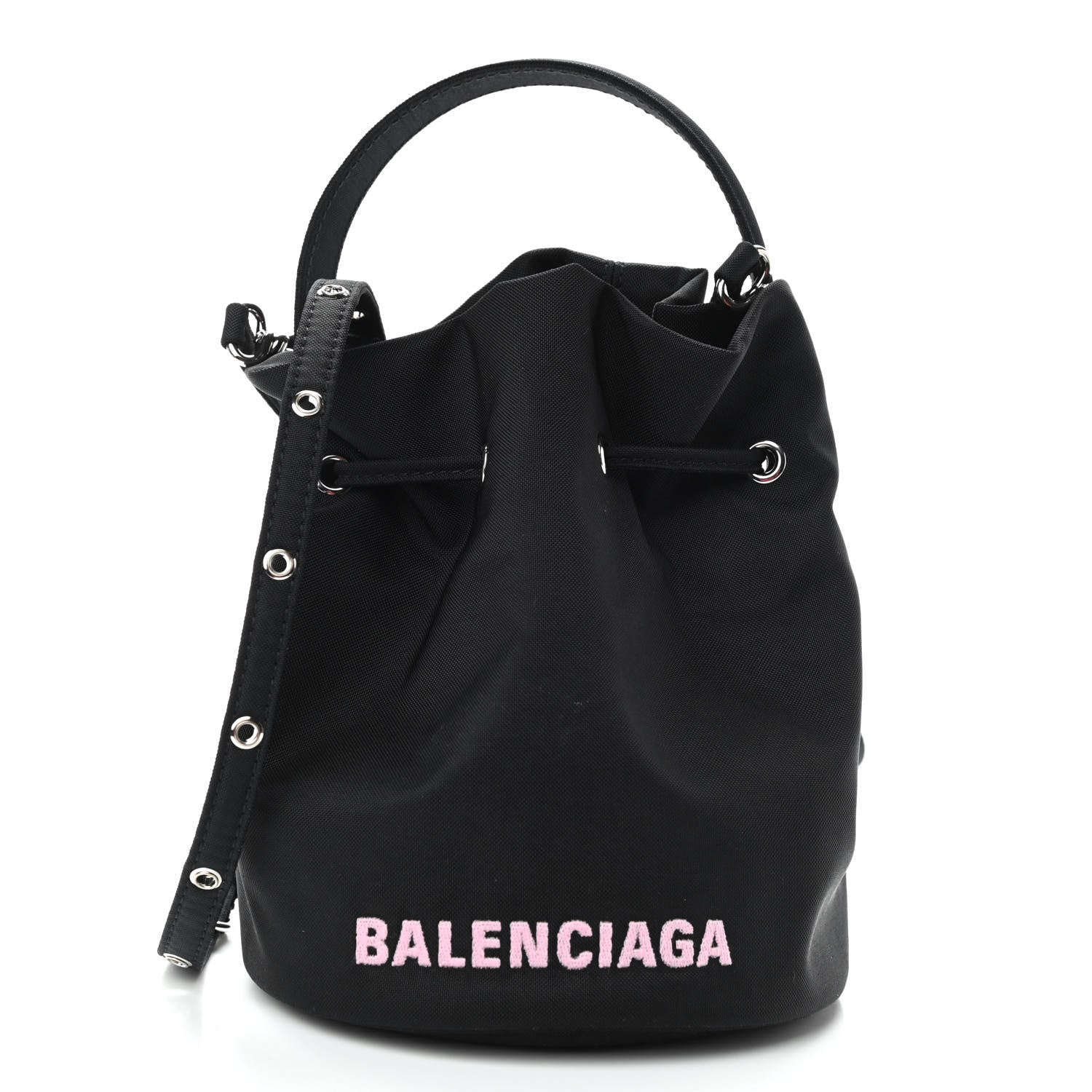 Balenciaga Recycled Sport Nylon Logo Embroidered Wheel Drawstring Bucket Bag Black Pink 1 of 9