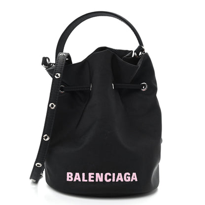 Balenciaga Recycled Sport Nylon Logo Embroidered Wheel Drawstring Bucket Bag Black Pink 1 of 9
