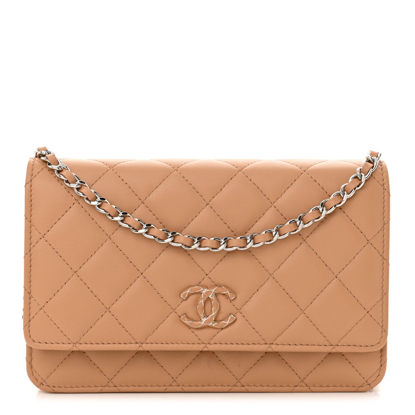 Lambskin Enamel Quilted Wallet on Chain WOC Beige