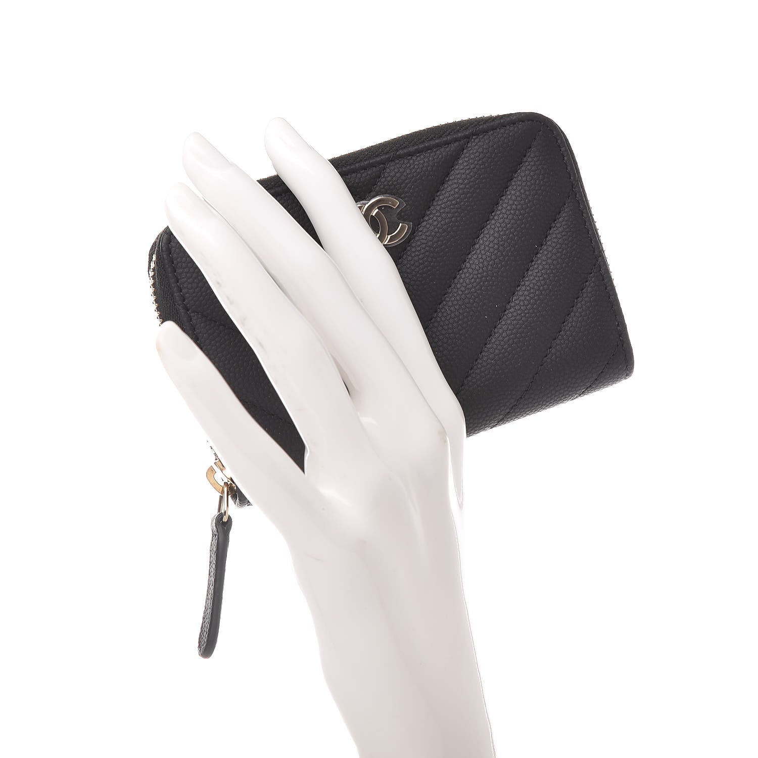 Chanel Caviar Chevron Quilted Zip Coin Purse Black 2 of 8