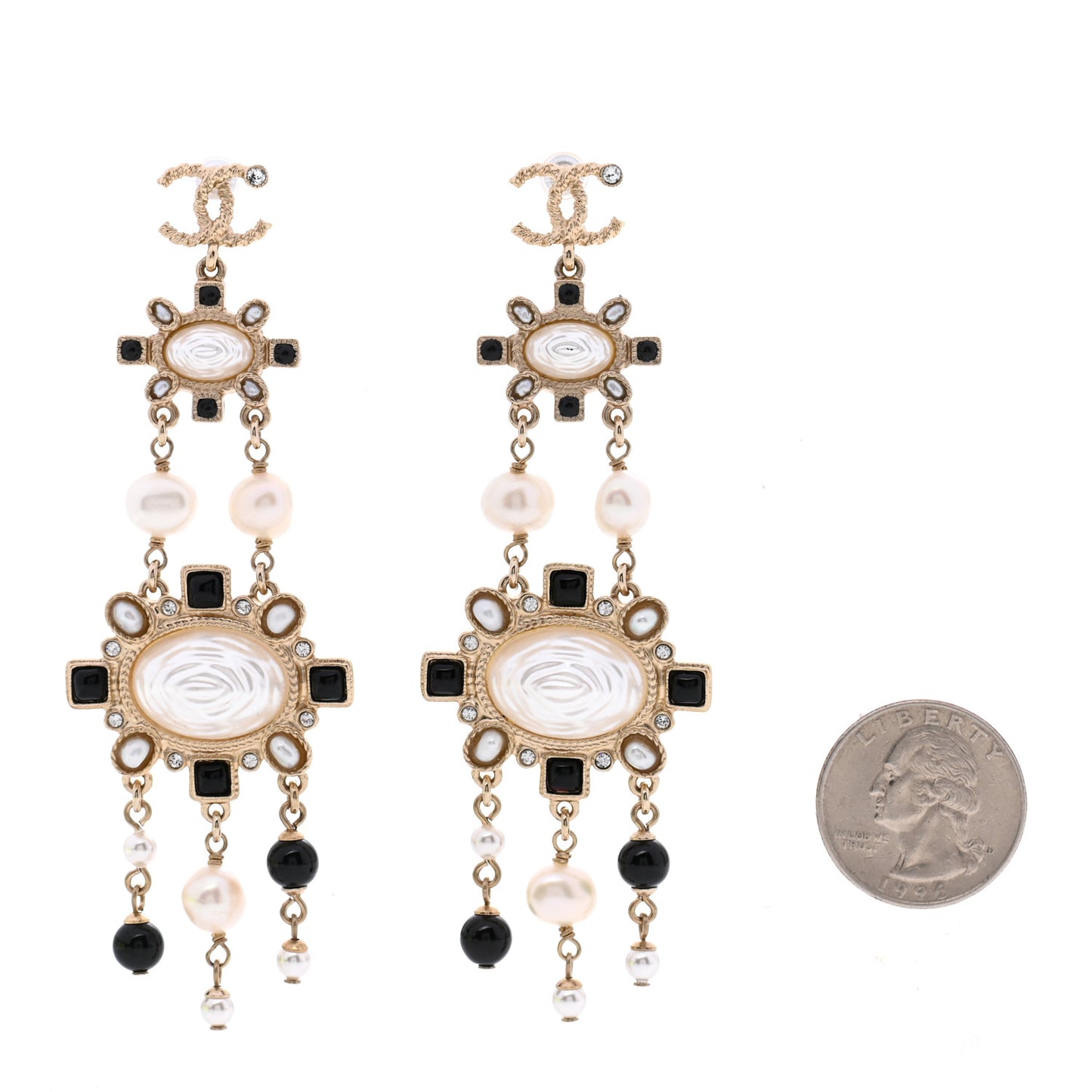 Enamel Pearl CC Drop Earrings Black Gold